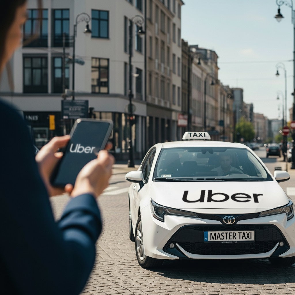 Toyota Corolla Master Taxi z logo Uber i kierowca z aplikacją Uber na telefonie